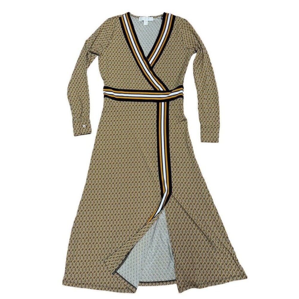 MICHAEL Michael Kors Tan Patterned Wrap Midi Dress with Black and White Stripes - Picture 6 of 11